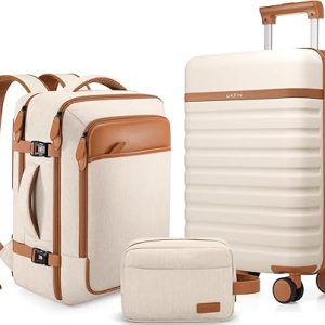 UKEIN Luggage Sets 3 Piece, Carry On Luggage 20In With Spinner Wheels,PC Hardside Suitcase Set with TSA Lock,Durable Carry On Suitcase With Travel Backpack for Men (Beige, 3 piece set (20inch))